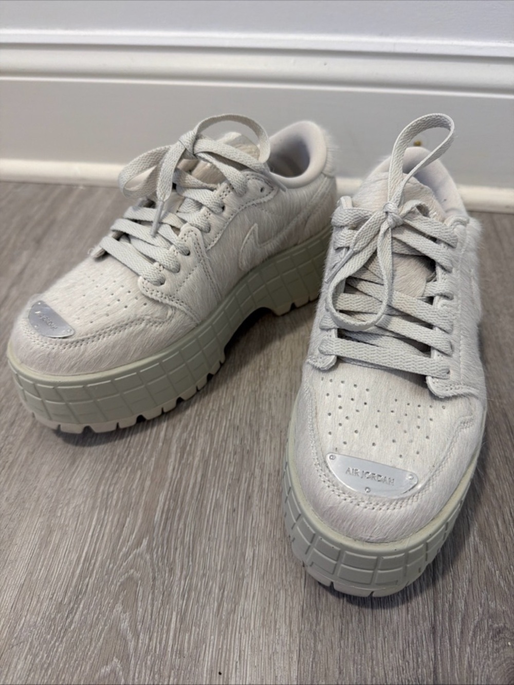 Air Jordan Platform Sneakers in Light Gray/Off-White w pony fur RARE size 6 US